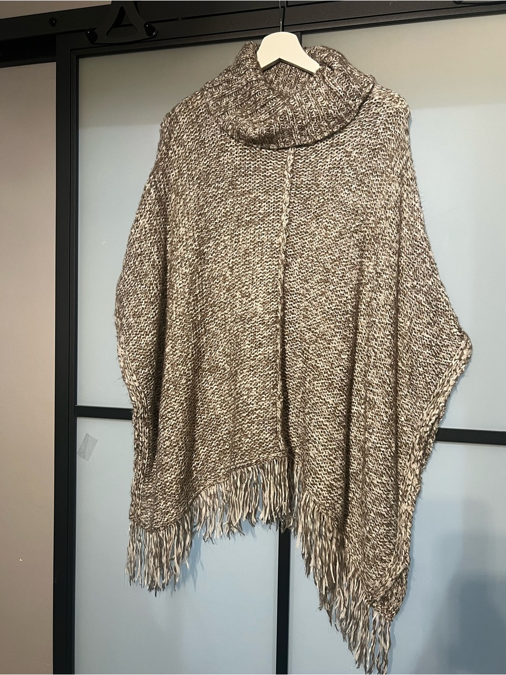 Chico’s Metallic Knit Cowl Neck Fringe Poncho Cape Sweater S/M